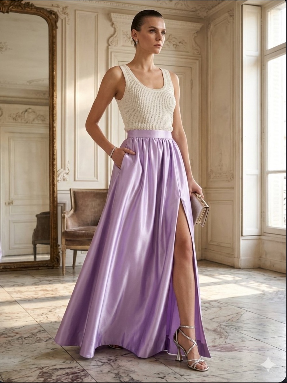 Cynthia Rowley Belle Maxi Skirt Lavender Sz 2 Double Zip Satin New Evening $325